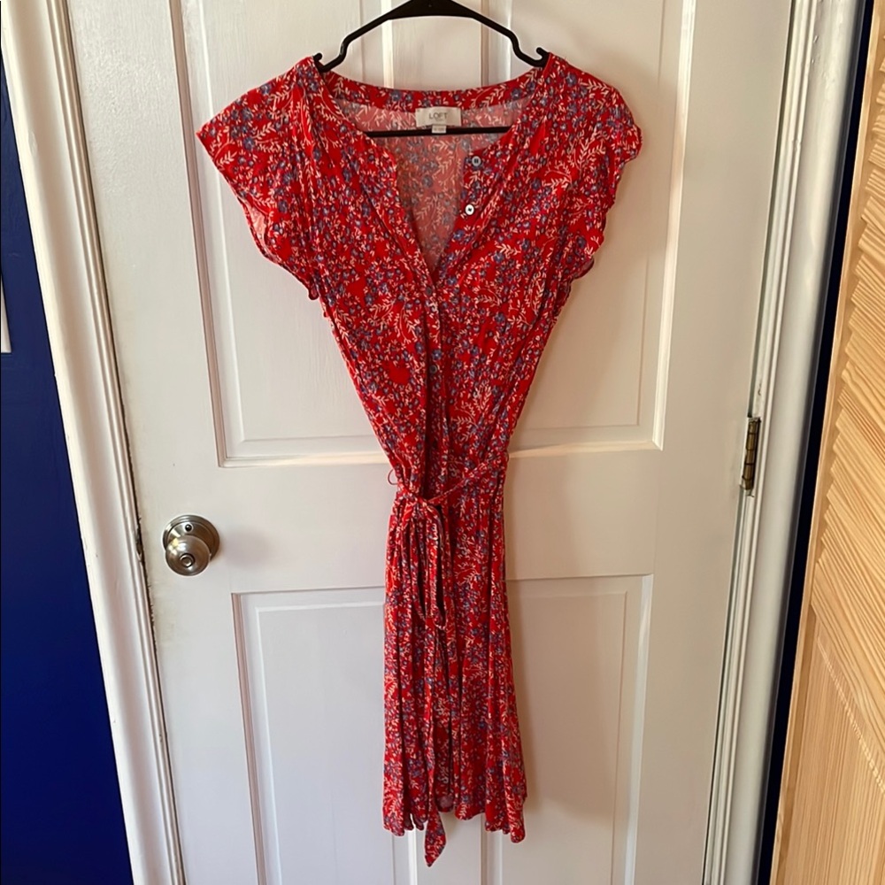 LOFT Vibrant Red Floral Midi Dress